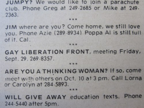 Gay lib front meeting - first ad_announcement_Sept 1972